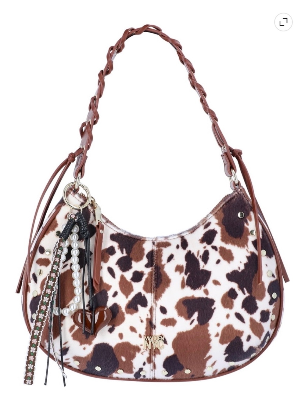 Madden NYC Cow Print Half Moon Stud Shoulder Bag with Charms - NWT